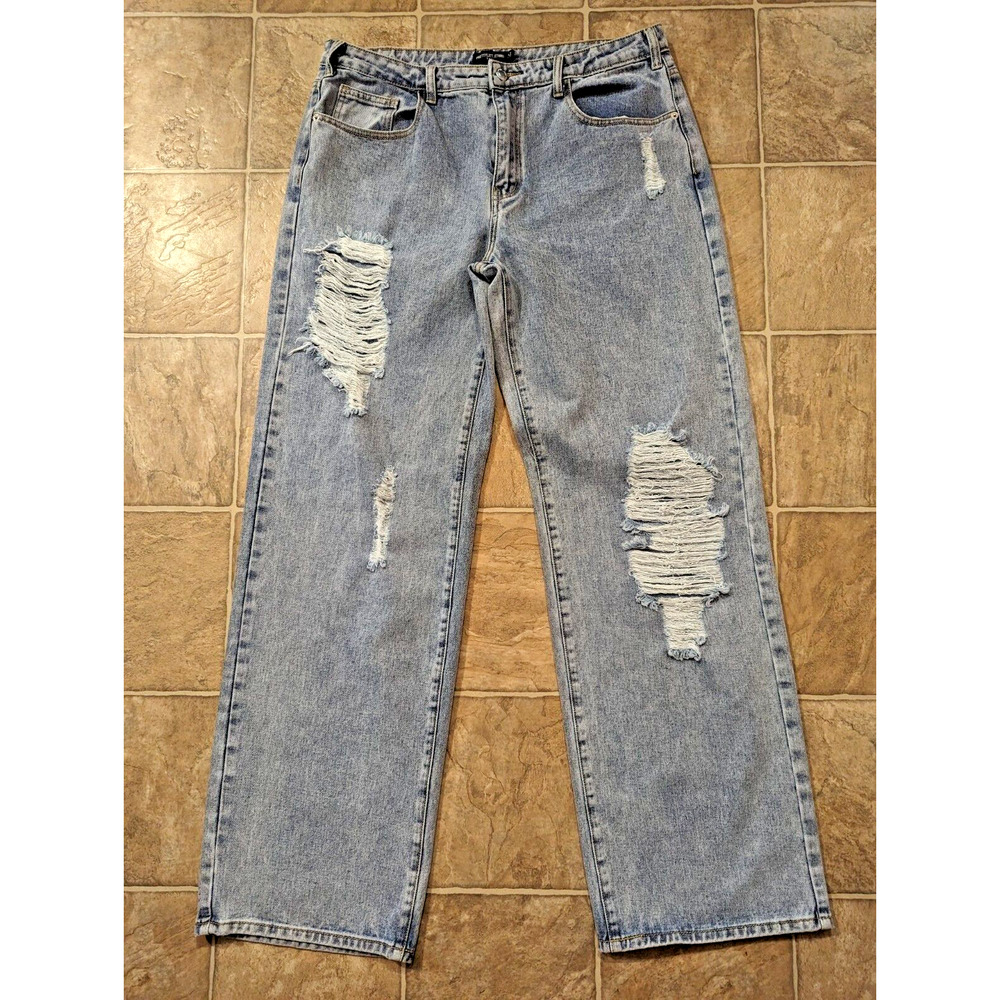 New Pretty Little Thing sz 10 Tall Straight Leg Extreme Ripped Jeans blue i2
